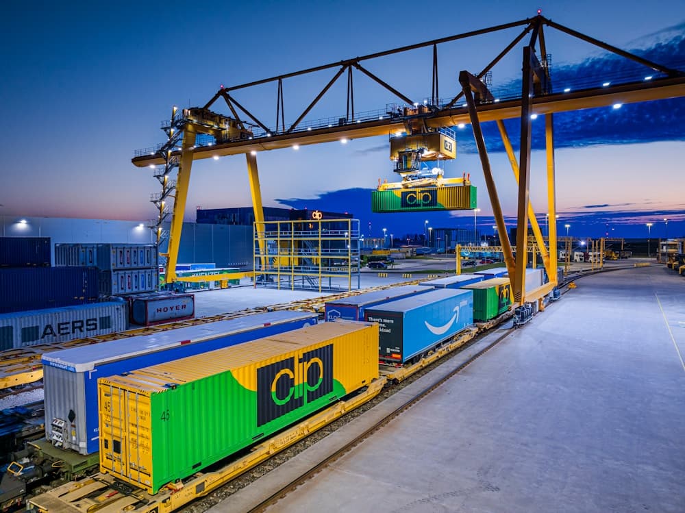 Gantry crane loading containers at a port